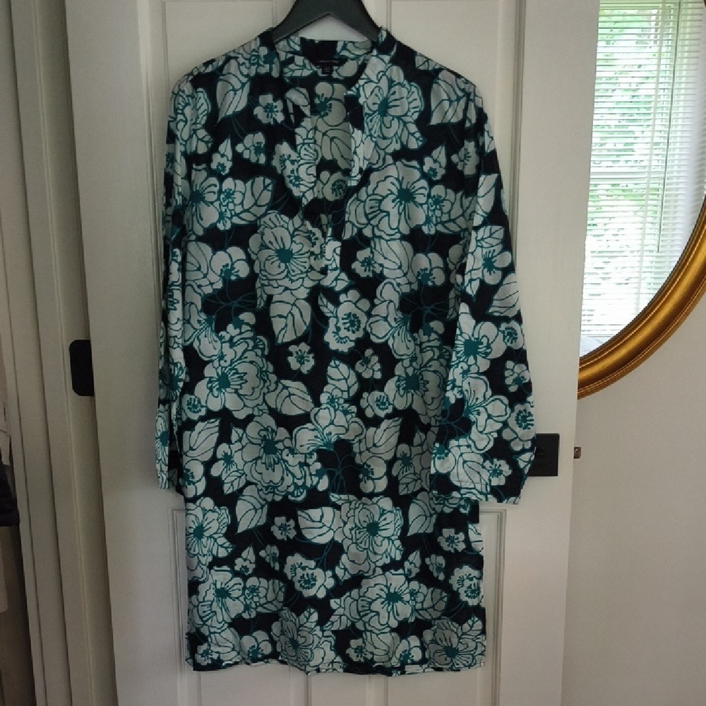Lands' End Deep Navy, White and Teal Floral Patterned Swimsuit Cover Up